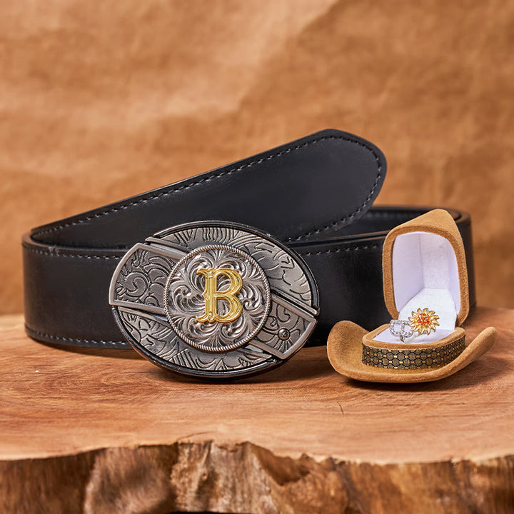 Drehbarer Sonnenblumenring mit Anfangsbuchstaben, DIY-Set mit verstecktem Messer und Gürtelschnalle - B - Schwarzer Gürtel mit geprägtem Adler (40) - image 3