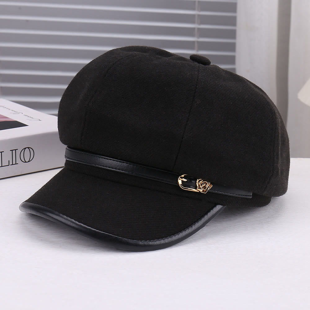 Damen-Baskenmütze mit Rosenmuster aus Wollmischung und Lederriemen - Schwarz - Verstellbar (22 - 22 7/8 Zoll) - image 2