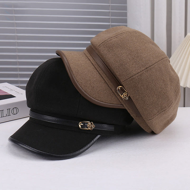 Damen-Baskenmütze mit Rosenmuster aus Wollmischung und Lederriemen - image 6