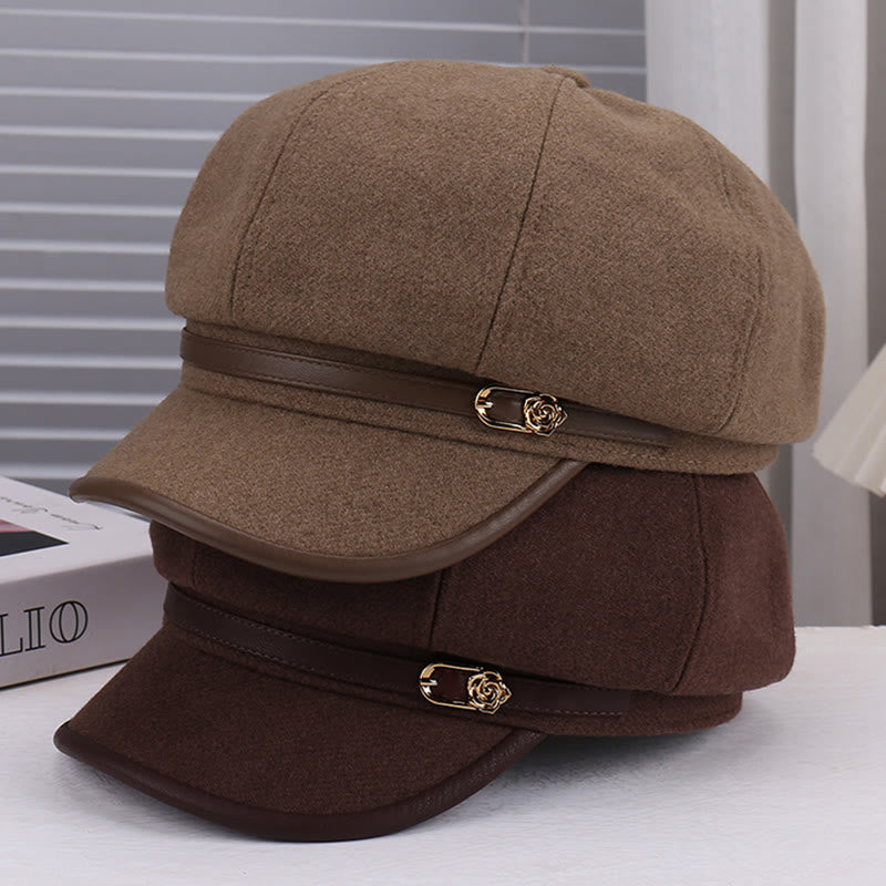 Damen-Baskenmütze mit Rosenmuster aus Wollmischung und Lederriemen - image 7