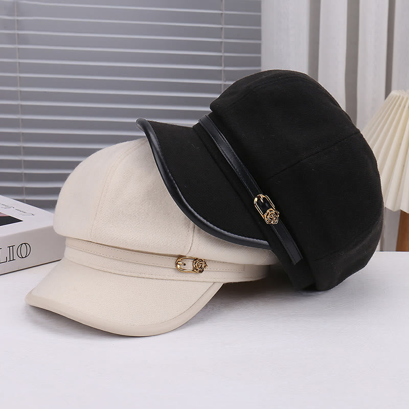 Damen-Baskenmütze mit Rosenmuster aus Wollmischung und Lederriemen - image 5