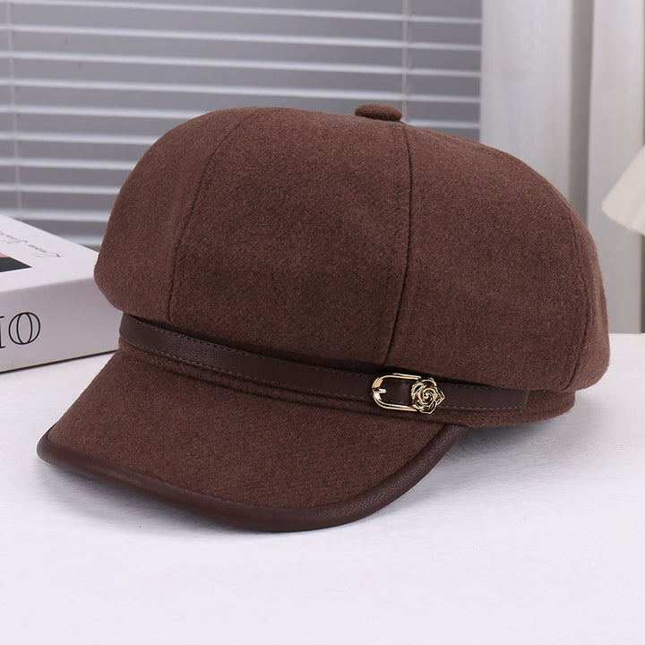 Damen-Baskenmütze mit Rosenmuster aus Wollmischung und Lederriemen - Rotbraun - Verstellbar (22 - 22 7/8 Zoll) - image 3