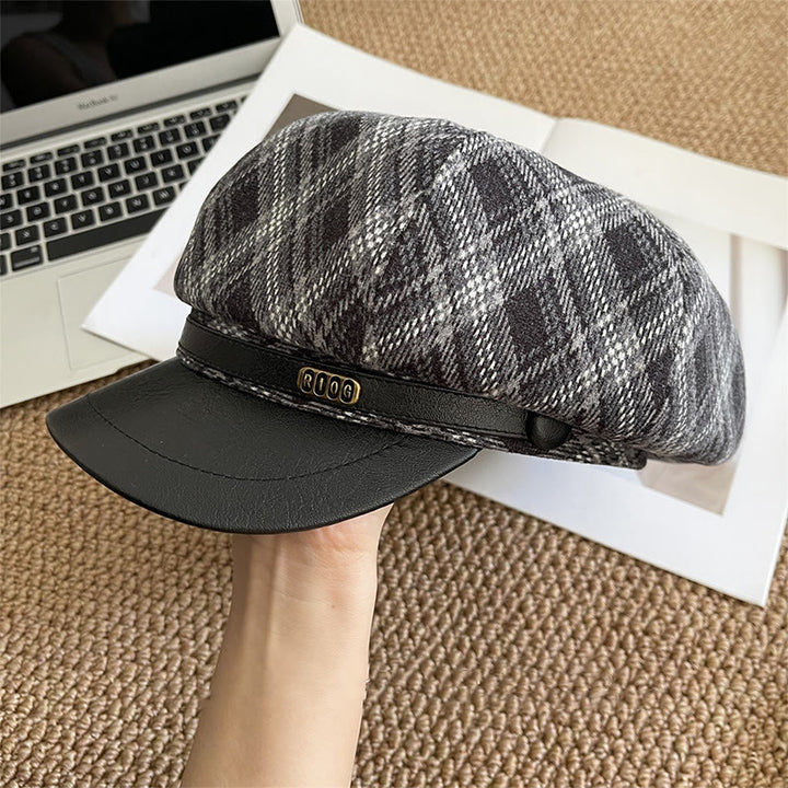 Damen-Baskenmütze mit Lederkrempe und Karomuster - Schwarz - Verstellbar (22 - 22 7/8 Zoll) - image 4