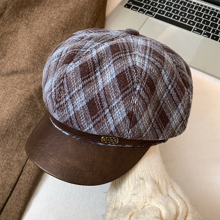 Damen-Baskenmütze mit Lederkrempe und Karomuster - Blau - Verstellbar (22 - 22 7/8 Zoll) - image 0