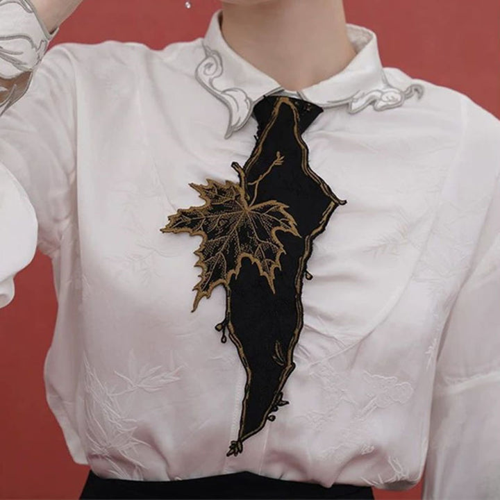 Schwarze Damen-Krawatte mit Ahornblattstickerei und Reißverschluss - image 4