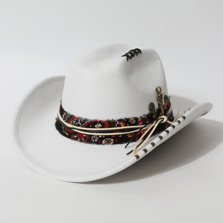 Cowboyhut im Westernstil mit ausgefranstem Rand und Federakzenten - Weiß - M (22"-22 7/8") - image 4