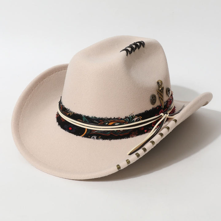 Cowboyhut im Westernstil mit ausgefranstem Rand und Federakzenten - Beige - M (22"-22 7/8") - image 0