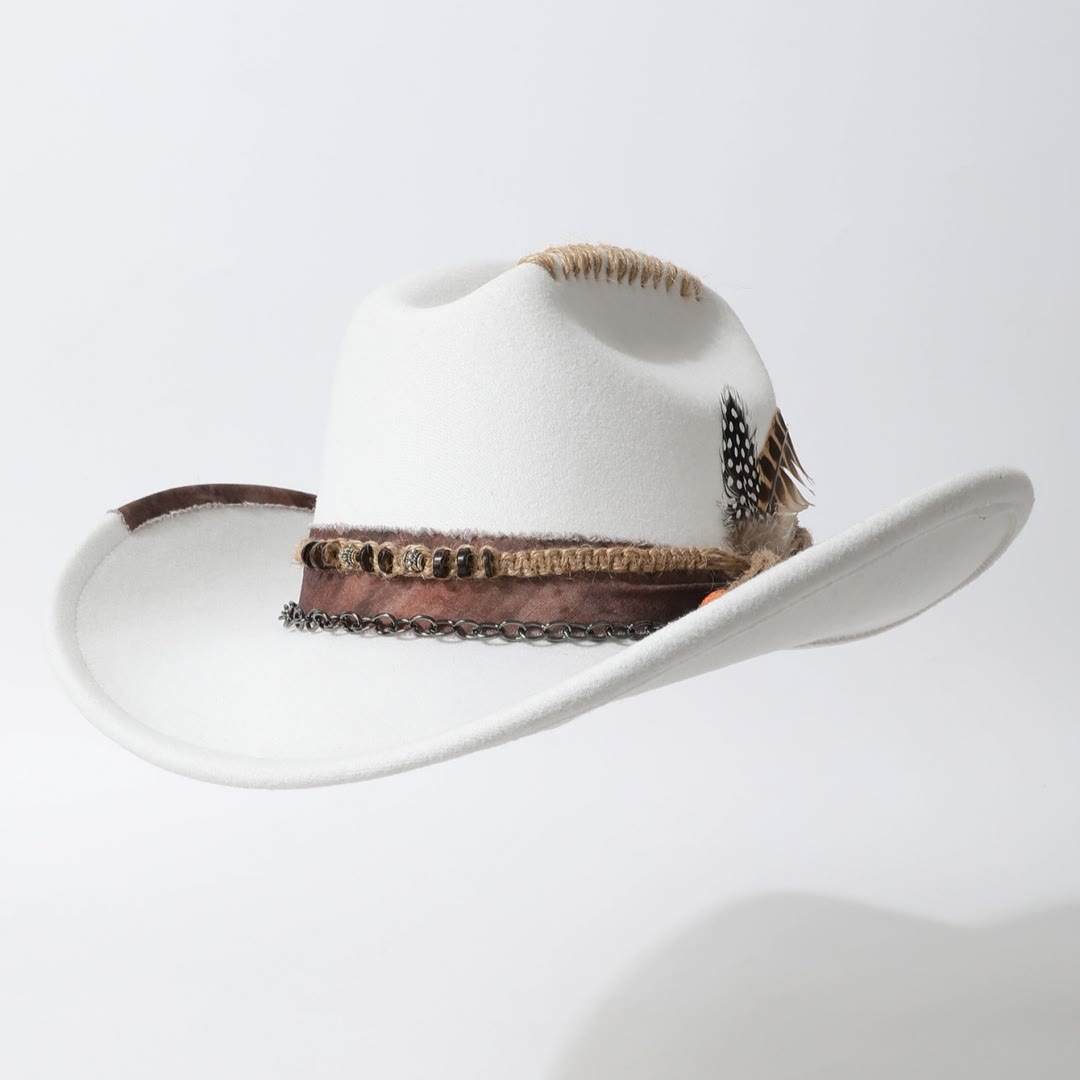 Cowboyhut im Westernstil mit Lederkettenbesatz und Federverzierungen - Weiß - M (22"-22 7/8") - image 0