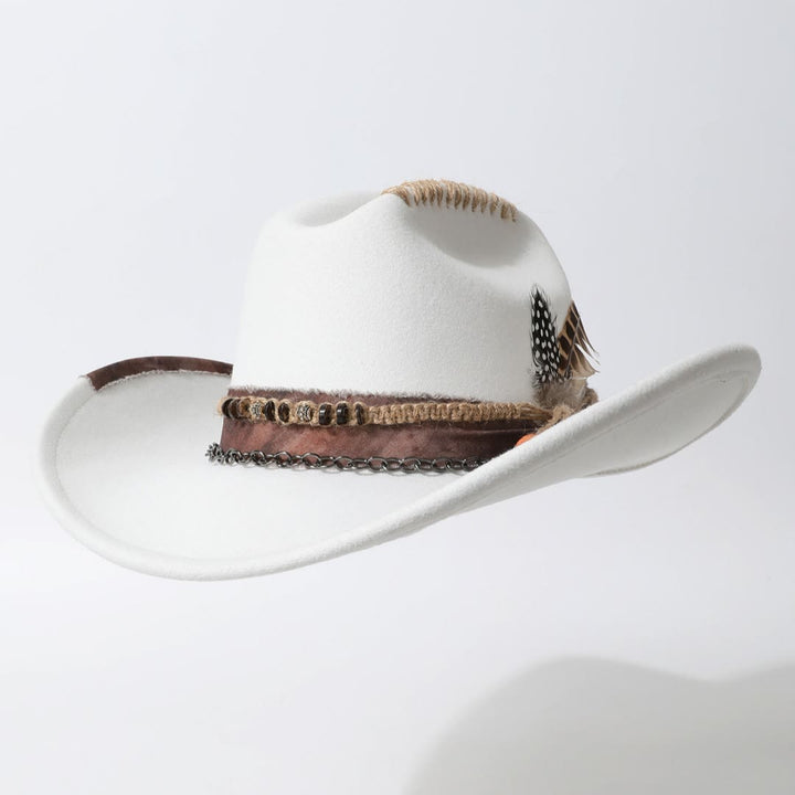 Cowboyhut im Westernstil mit Lederkettenbesatz und Federverzierungen - Weiß - M (22"-22 7/8") - image 0