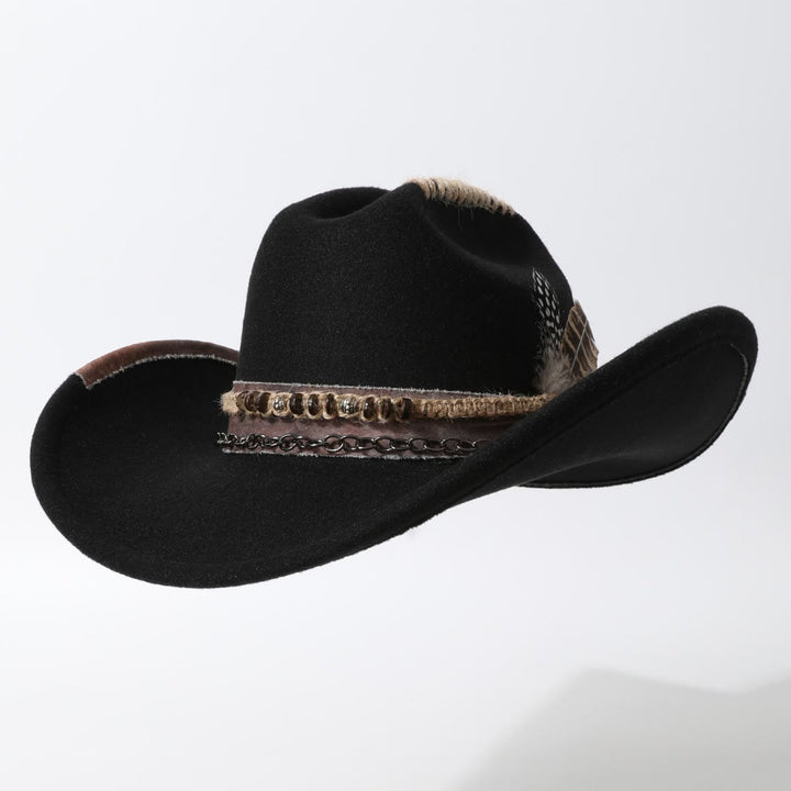 Cowboyhut im Westernstil mit Lederkettenbesatz und Federverzierungen - Schwarz - M (22"-22 7/8") - image 2