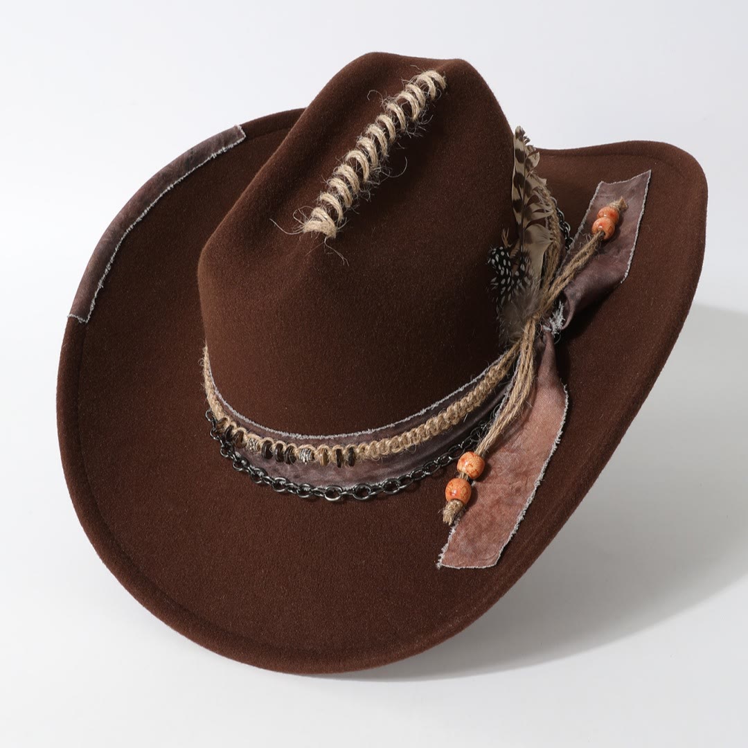 Cowboyhut im Westernstil mit Lederkettenbesatz und Federverzierungen - Kaffee - M (22"-22 7/8") - image 4