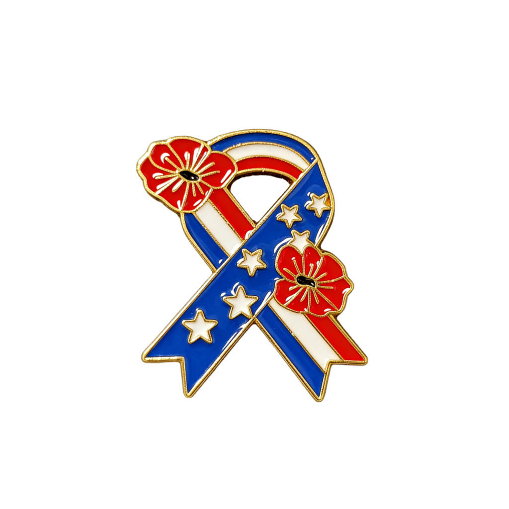 Patriotische Schleife, amerikanische Flagge, Mohnblume, Emaille-Brosche - Gold - image 0