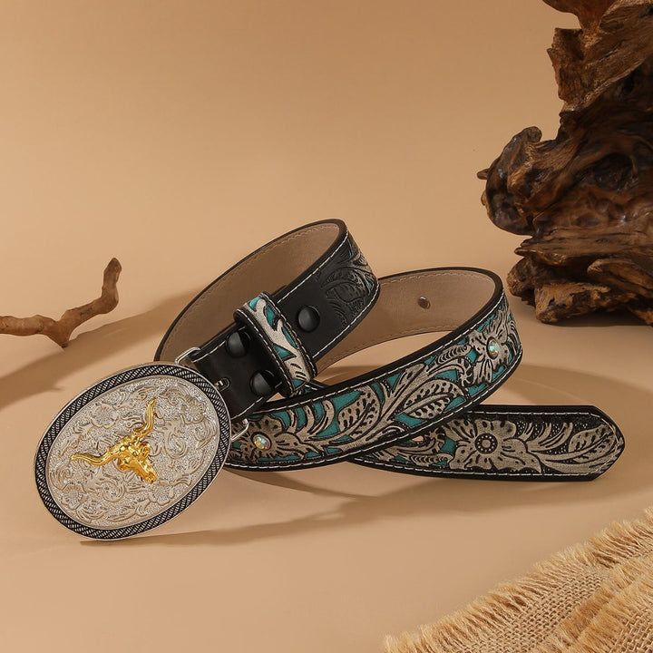 Gürtel im Western-Stil mit goldenem Stierkopf-Motiv, silberner ovaler Schnalle und Prägung - image 2