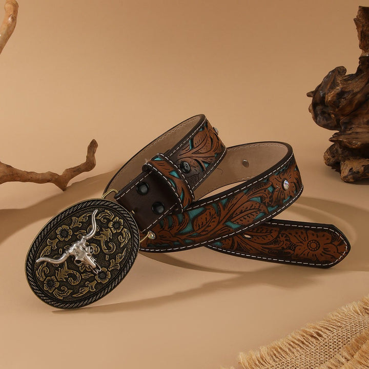 Gürtel im Western-Stil mit goldenem Stierkopf-Motiv, silberner ovaler Schnalle und Prägung - image 5