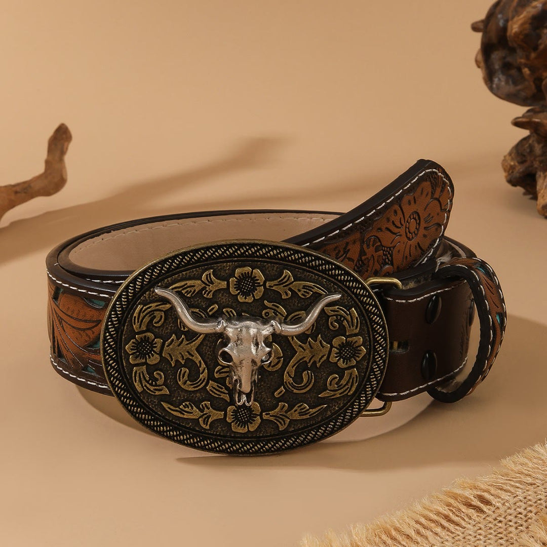 Gürtel im Western-Stil mit goldenem Stierkopf-Motiv, silberner ovaler Schnalle und Prägung - Silber - 44 - image 3