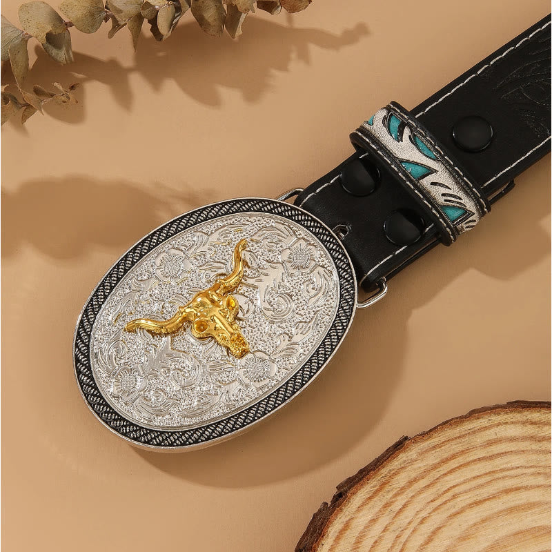 Gürtel im Western-Stil mit goldenem Stierkopf-Motiv, silberner ovaler Schnalle und Prägung - image 1