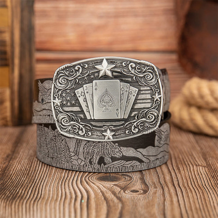 Vintage Ledergürtel mit Pokerschnalle und Bären- und Hirschmotiv - Grau - 40 - image 2