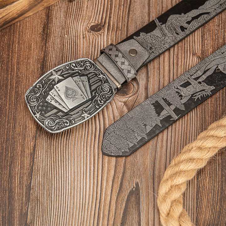 Vintage Ledergürtel mit Pokerschnalle und Bären- und Hirschmotiv - image 3