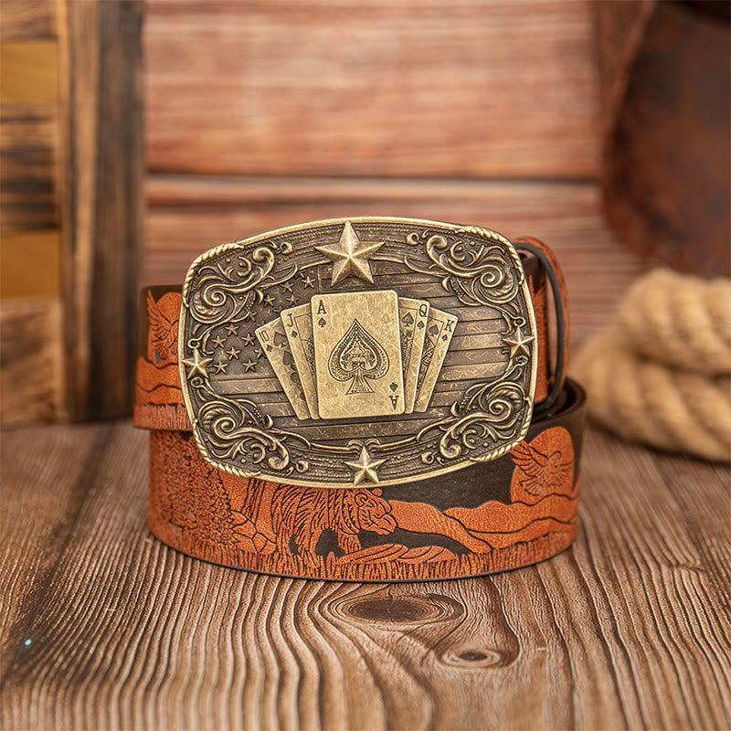 Vintage Ledergürtel mit Pokerschnalle und Bären- und Hirschmotiv - Kamel - 40 - image 4