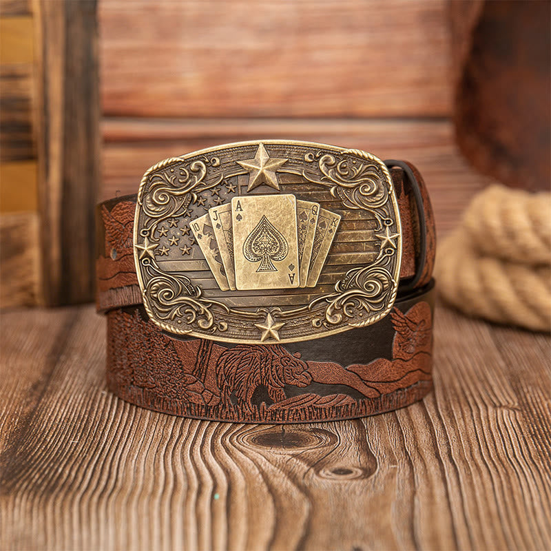 Vintage Ledergürtel mit Pokerschnalle und Bären- und Hirschmotiv - Braun - 40 - image 0