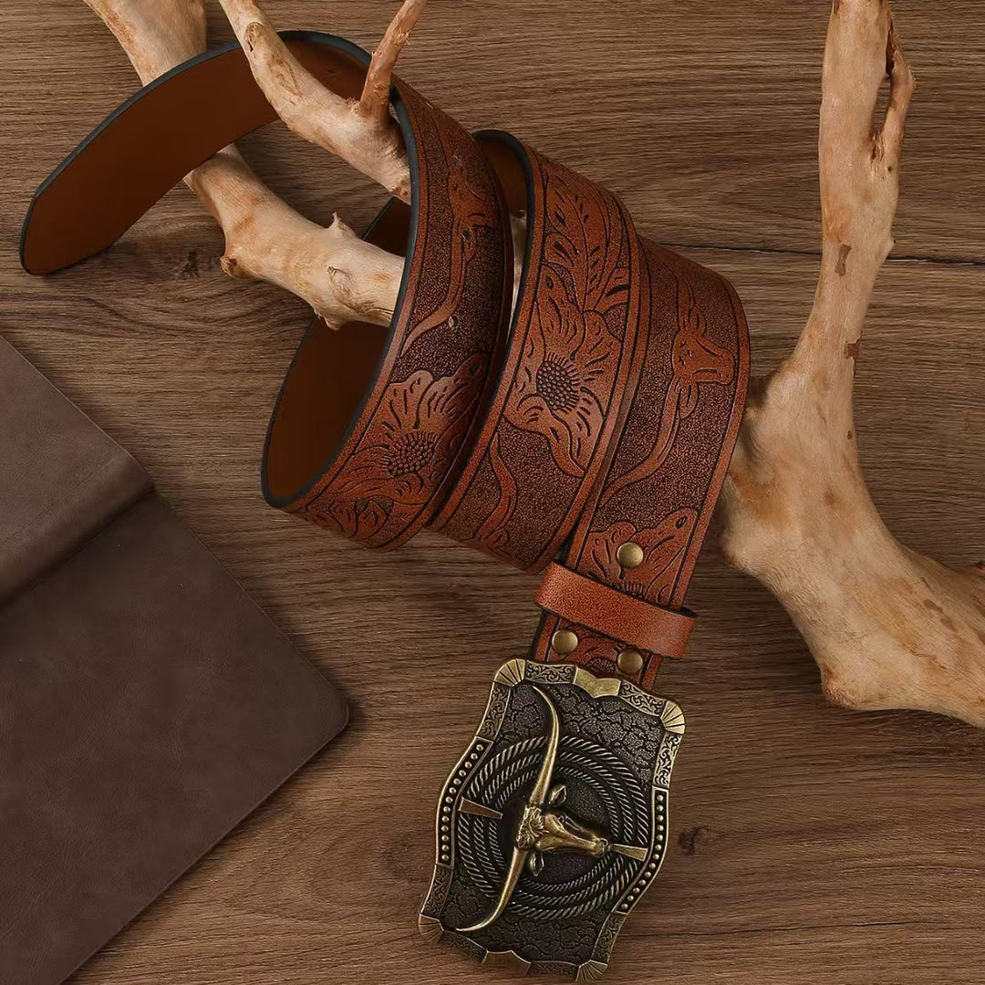 Western-Stil Antikbronze-Gürtel mit Bullenkopfschnalle, geprägtes Leder - image 2