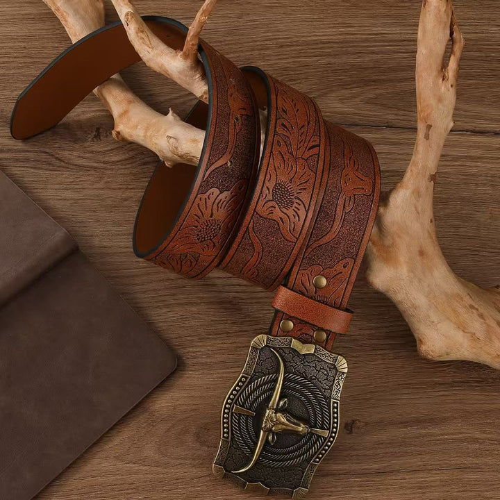 Western-Stil Antikbronze-Gürtel mit Bullenkopfschnalle, geprägtes Leder - image 2