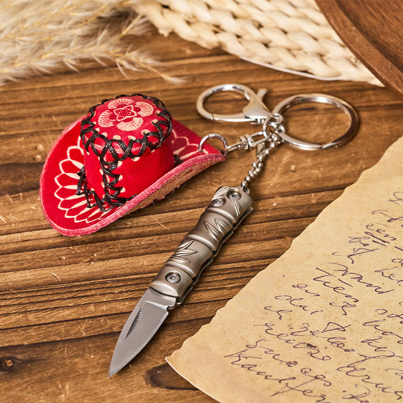 Western-Klappmesser aus Silber, Cowboyhut-Anhänger, Schlüsselanhänger - Roter Cowboyhut - image 1