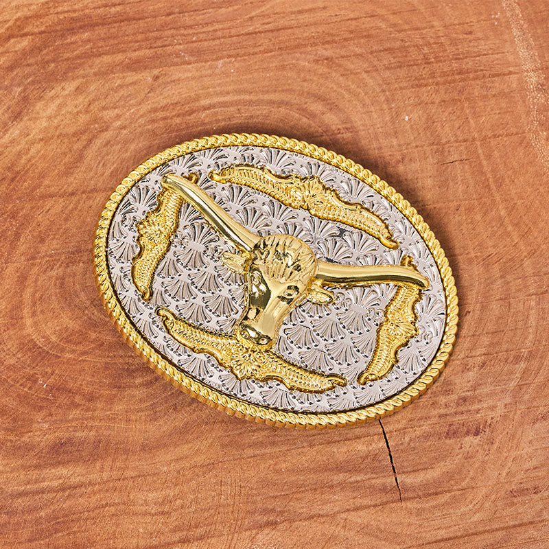 Herren-Ledergürtel mit ovaler Schnalle und Longhorn-Bullhead-Motiv, Gold & Silber - image 1