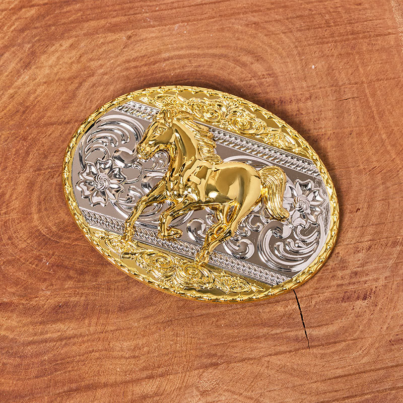 Herren-Ledergürtel mit ovaler Schnalle und galoppierendem Pferd in Gold und Silber - image 1