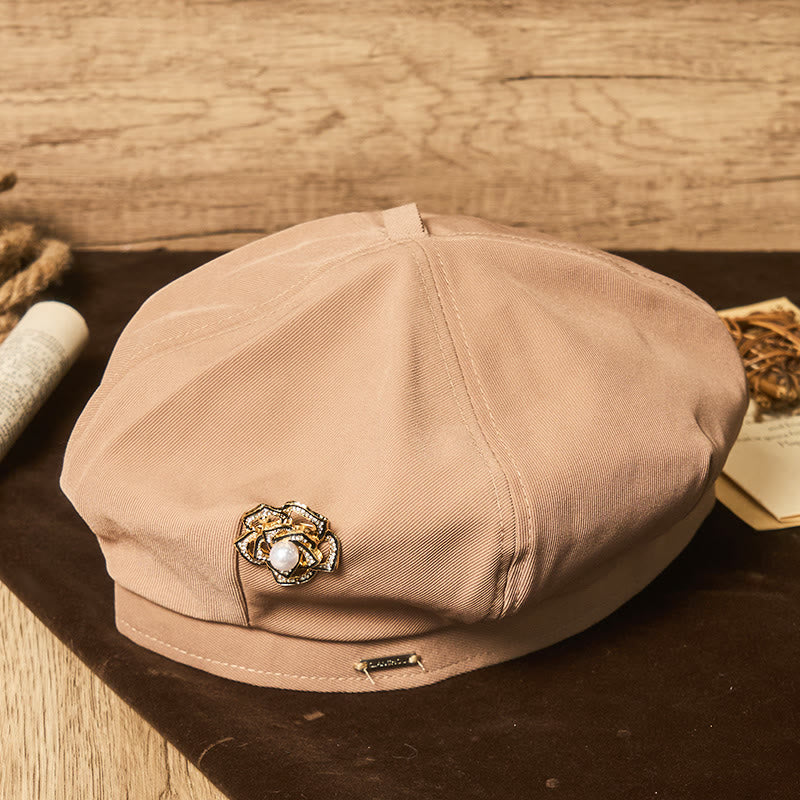 Retro-Sommer-Baskenmütze für Damen, schwarz, mit Rosen- und Perlenmuster - Khaki - Verstellbar (21 5/8"-23 1/4") - image 0