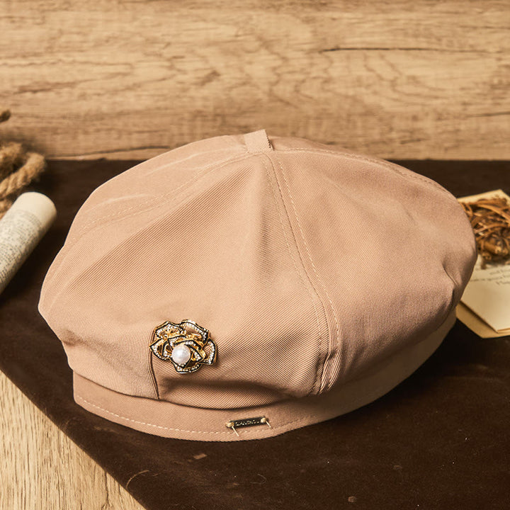 Retro-Sommer-Baskenmütze für Damen, schwarz, mit Rosen- und Perlenmuster - Khaki - Verstellbar (21 5/8"-23 1/4") - image 0