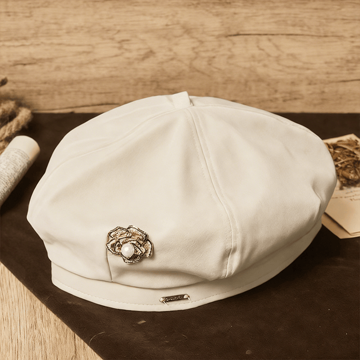 Retro-Sommer-Baskenmütze für Damen, schwarz, mit Rosen- und Perlenmuster - Beige - Verstellbar (21 5/8"-23 1/4") - image 5