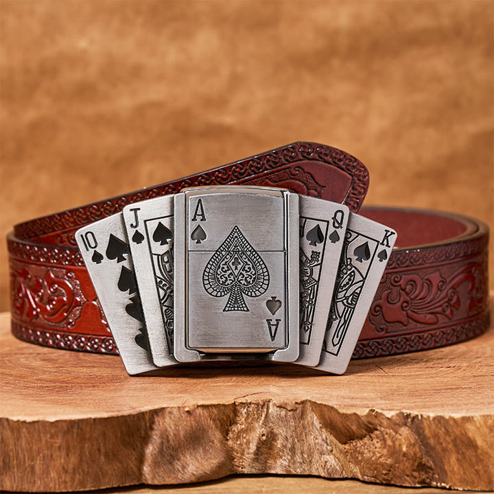 Herren-Ledergürtel „Poker Flush“ zum Selbermachen mit verstecktem Feuerzeug - Poker - Brauner geschnitzter Gürtel - 42 - image 9