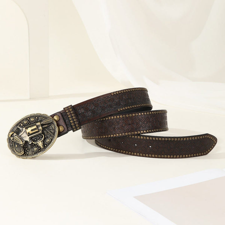 Herren-Ledergürtel im Retro-Stil mit eingraviertem Pistolen- und Stierschädel-Emblem - image 3