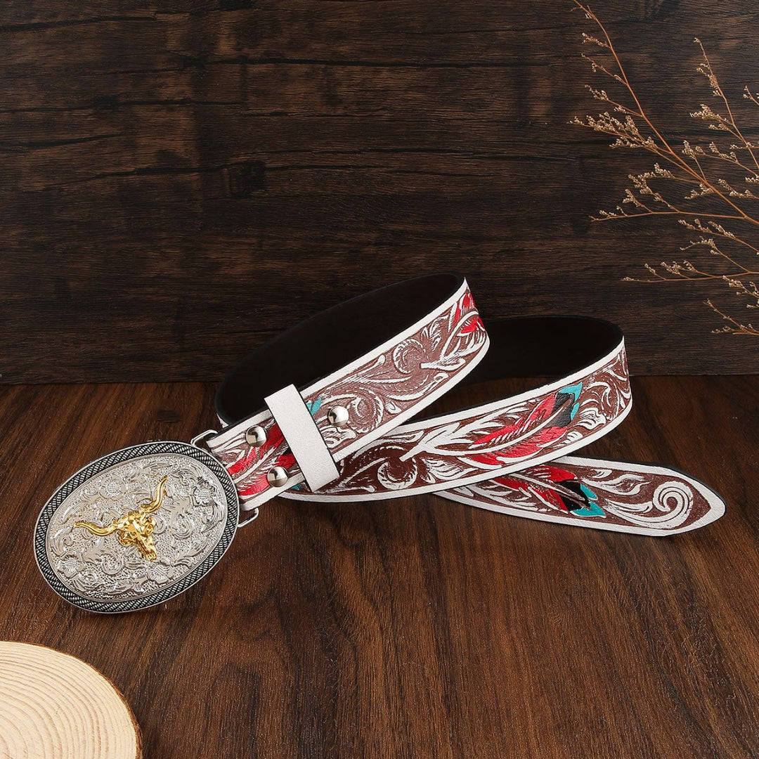 Zweifarbiger Ledergürtel im Westernstil mit Stierschädel-Emblem für Herren - image 2