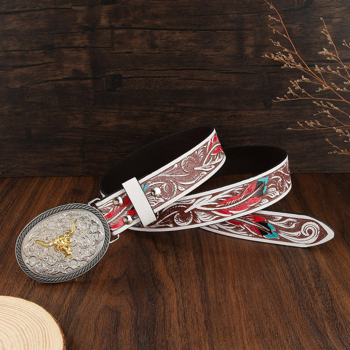 Zweifarbiger Ledergürtel im Westernstil mit Stierschädel-Emblem für Herren - image 2