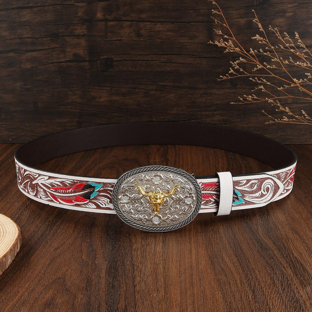 Zweifarbiger Ledergürtel im Westernstil mit Stierschädel-Emblem für Herren - image 3