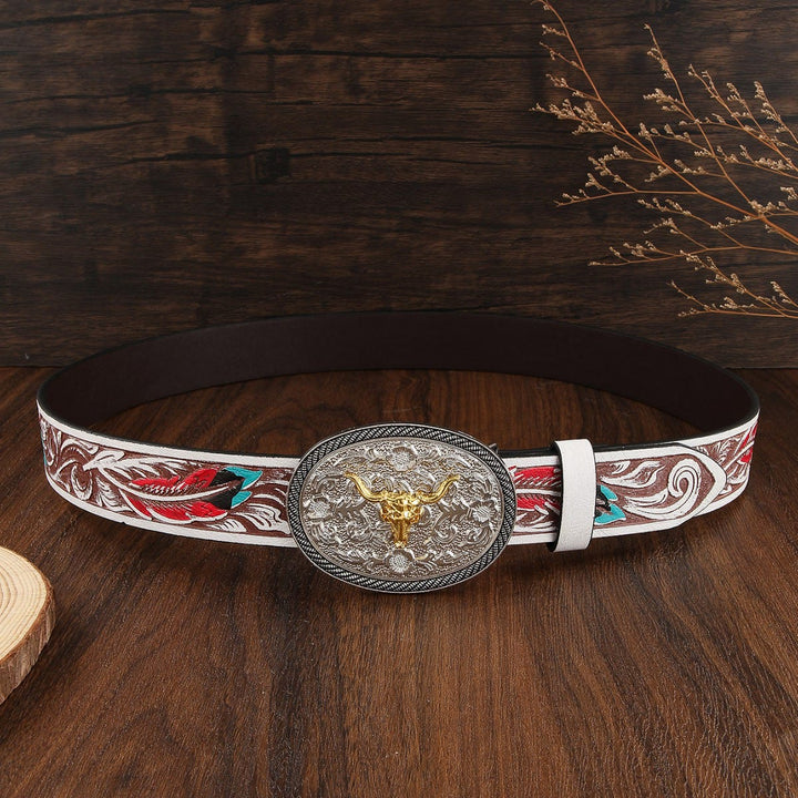 Zweifarbiger Ledergürtel im Westernstil mit Stierschädel-Emblem für Herren - image 3