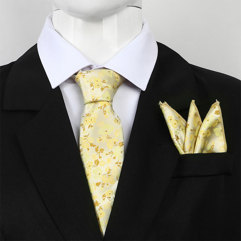 Herren-Set aus neutraler, floraler Jacquard-Krawatte und Einstecktuch - Gelb - image 4