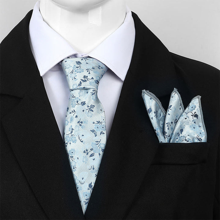 Herren-Set aus neutraler, floraler Jacquard-Krawatte und Einstecktuch - Hellblau - image 0