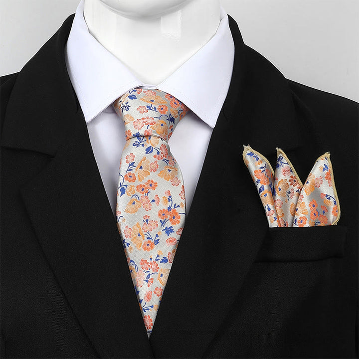 Herren-Set aus neutraler, floraler Jacquard-Krawatte und Einstecktuch - Orange - image 2