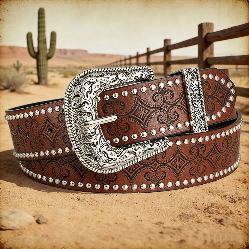 Ledergürtel mit Western-Muster und dekorativer Schnalle - Braun - 36 - image 0