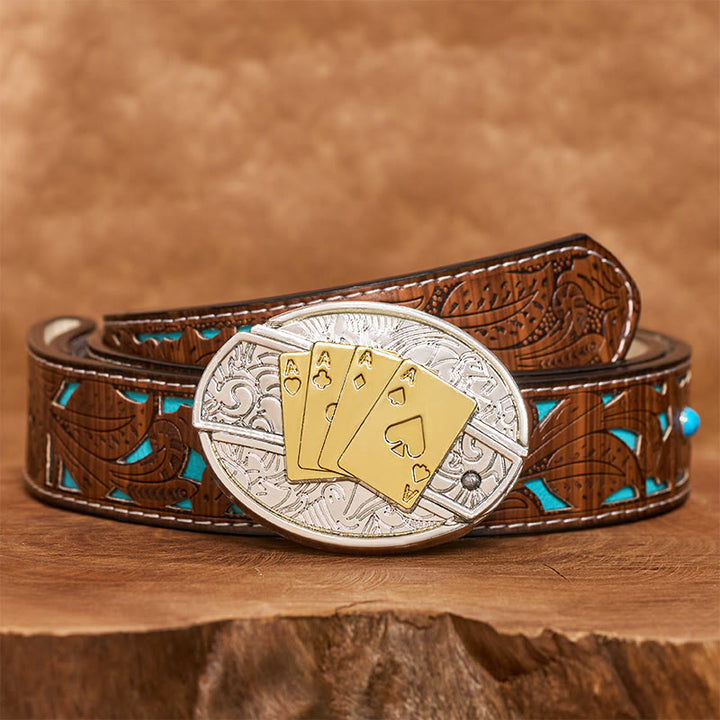 Herren DIY Gold & Silber Poker Verstecktes Klappmesser Schnalle Ledergürtel - Longhorn - Türkisfarbener, geschnitzter Gürtel - 42 - image 5