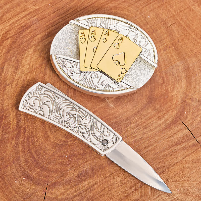 Herren DIY Gold & Silber Poker Verstecktes Klappmesser Schnalle Ledergürtel - image 1