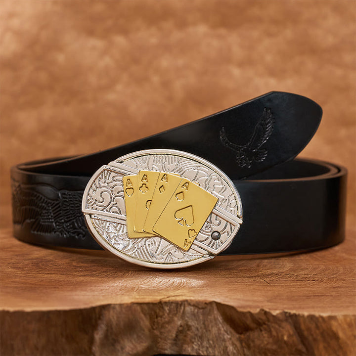 Herren DIY Gold & Silber Poker Verstecktes Klappmesser Schnalle Ledergürtel - Longhorn - Schwarzer Gürtel mit Adlerprägung - 42 - image 4