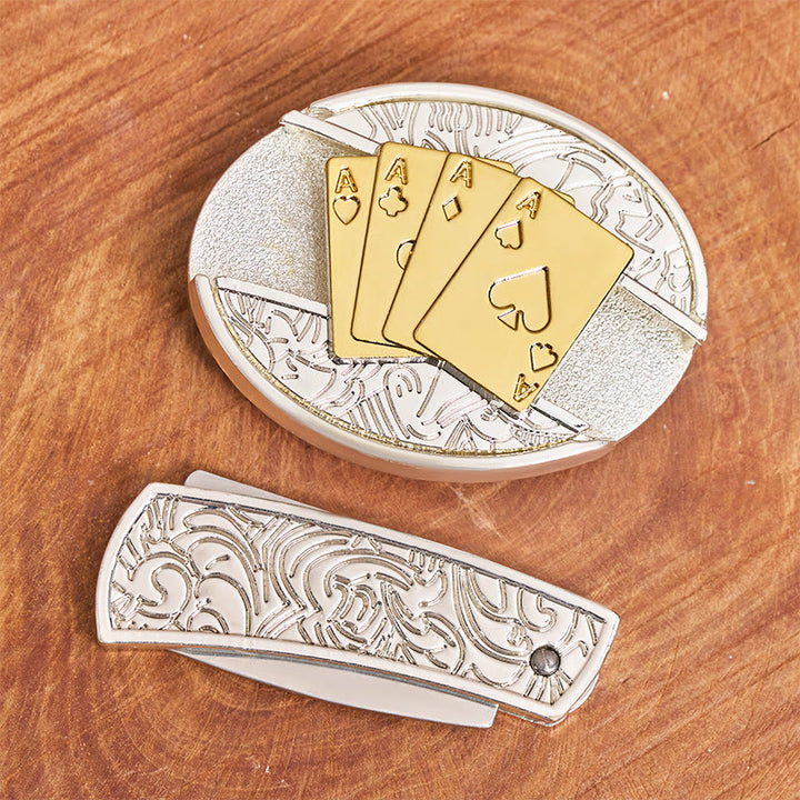 Herren DIY Gold & Silber Poker Verstecktes Klappmesser Schnalle Ledergürtel - image 3