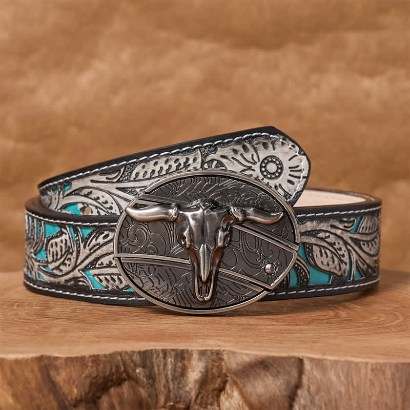 Herren DIY Rodeo Bull Verstecktes Klappmesser Schnalle Ledergürtel - Longhorn - Grauer Gürtel mit Blumenmuster - 42 - image 8