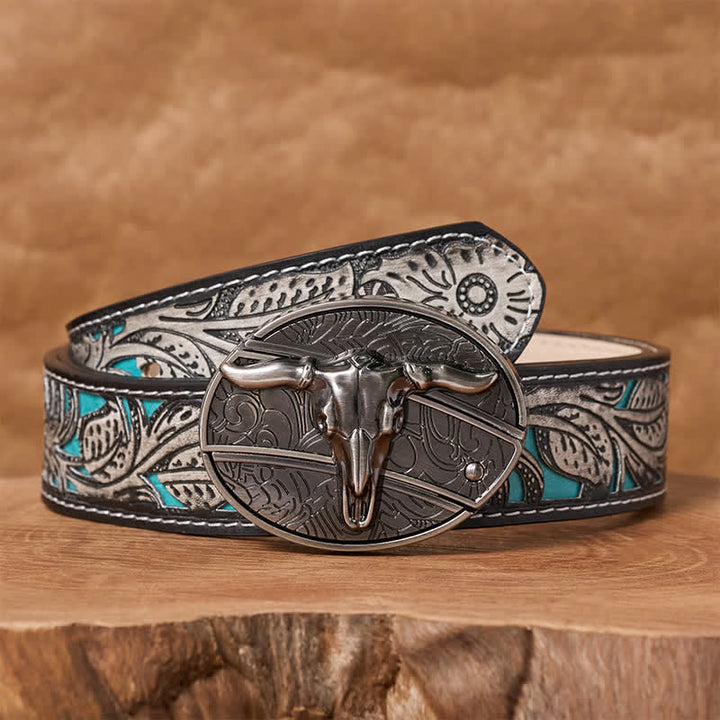 Herren DIY Rodeo Bull Verstecktes Klappmesser Schnalle Ledergürtel - Longhorn - Grauer Gürtel mit Blumenmuster - 42 - image 8