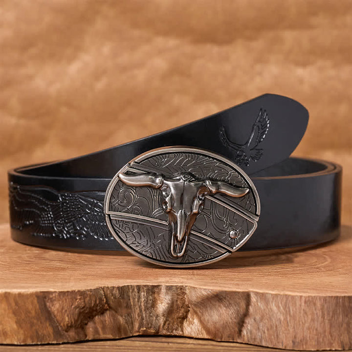 Herren DIY Rodeo Bull Verstecktes Klappmesser Schnalle Ledergürtel - Longhorn - Schwarzer Gürtel mit Adlerprägung - 42 - image 3