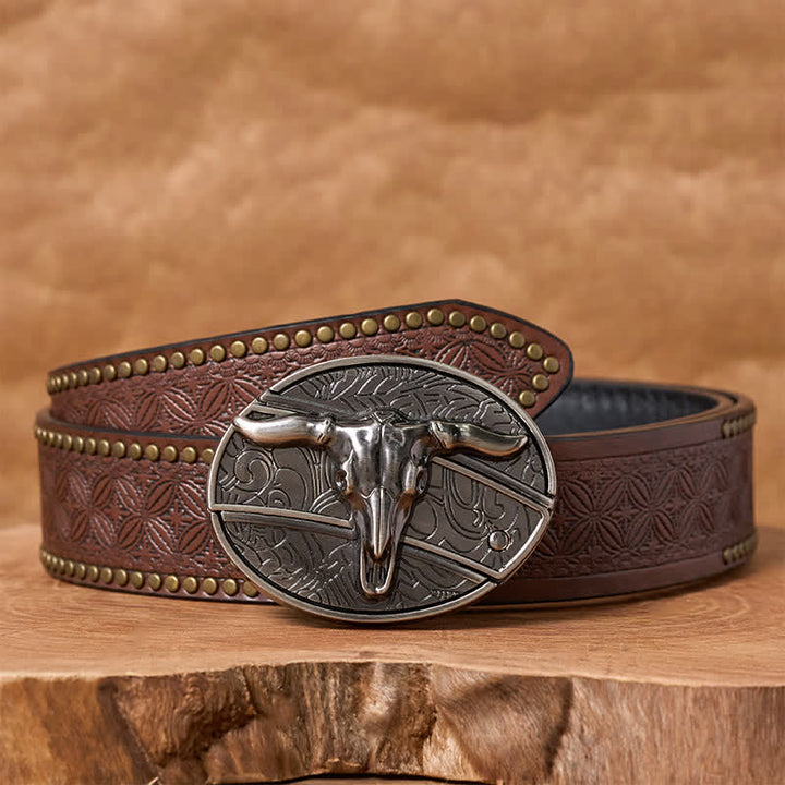 Herren DIY Rodeo Bull Verstecktes Klappmesser Schnalle Ledergürtel - Longhorn - Brauner Nietgürtel - 42 - image 6